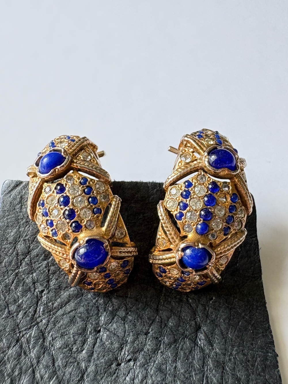 Vintage Gold Domed Sculptural Lapis Cabochon Rhinestone Diamond Stud Earrings - Picture 2 of 16